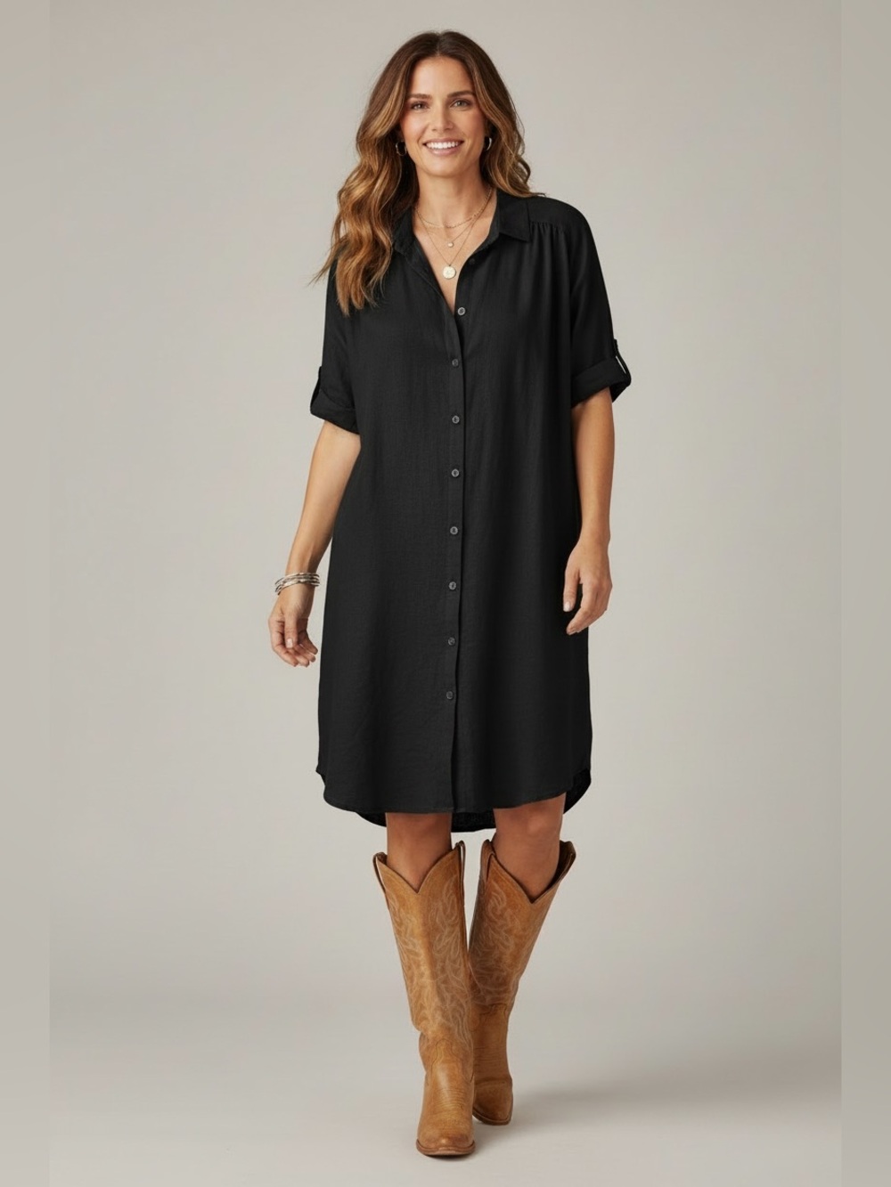 Well Worn Linen Blend Shirt Dress Womens Large Black Button Down Midi Pockets L